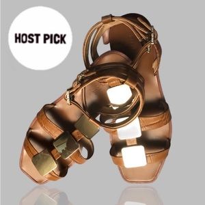 🌞 RACHEL ZOE | Brown Leather Sandals Gold Tone Triple Square Accents & Buckle